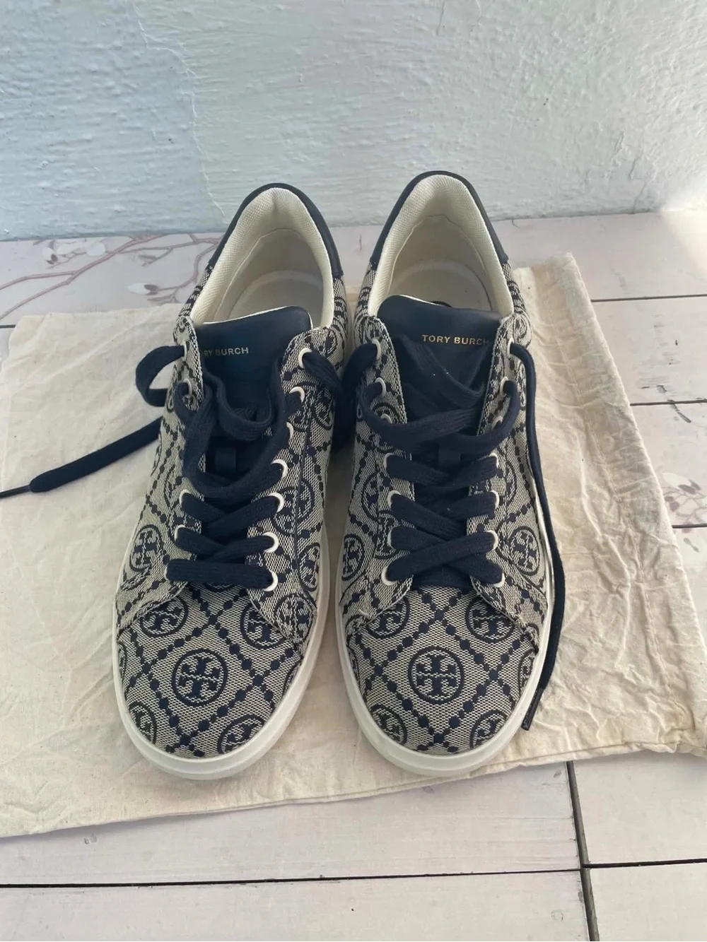 Tory Burch Navy Logo-Pattern Lace-Up Sneakers